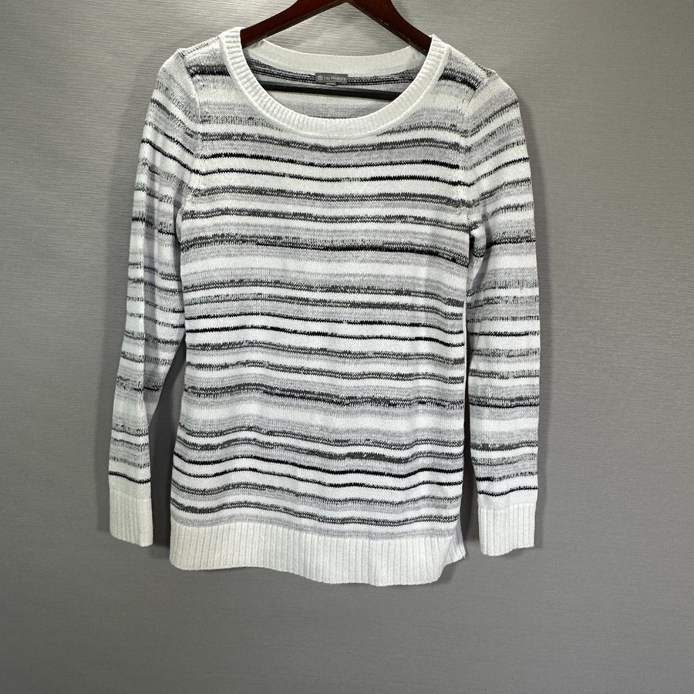 T By Talbots Sweater Womens Small Gray Knit Cotton Stripe Pullover Rib Cuffs